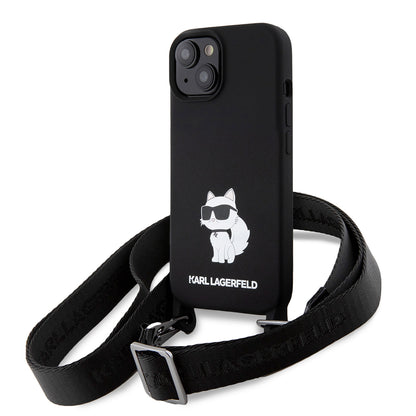 Pouzdro pro Apple iPhone 15, Karl Lagerfeld, Silicone Crossbody Choupette, Černá