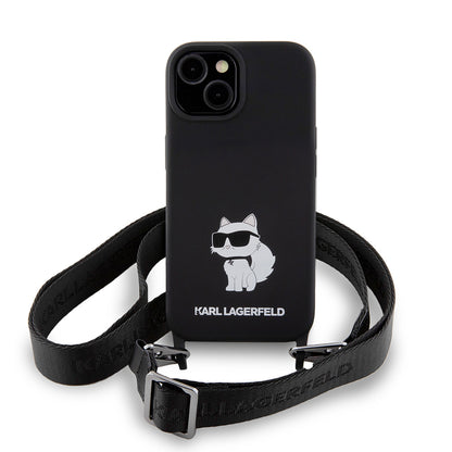 Pouzdro pro Apple iPhone 15, Karl Lagerfeld, Silicone Crossbody Choupette, Černá