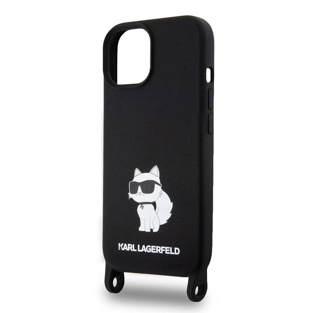 Pouzdro pro Apple iPhone 15, Karl Lagerfeld, Silicone Crossbody Choupette, Černá