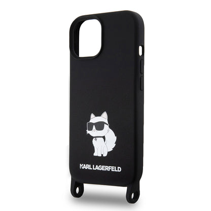 Pouzdro pro Apple iPhone 15, Karl Lagerfeld, Silicone Crossbody Choupette, Černá
