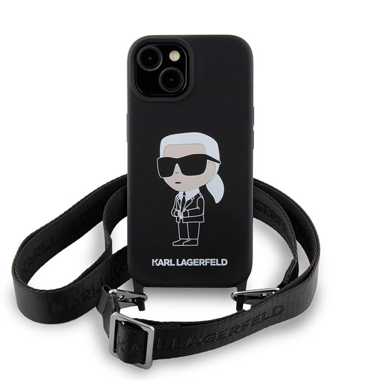 Pouzdro pro Apple iPhone 15, Karl Lagerfeld, Silicone Crossbody Ikonik Karl, Černá