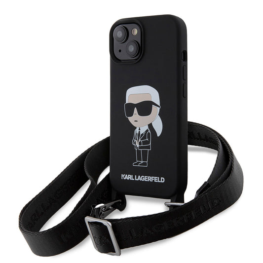 Pouzdro pro Apple iPhone 15, Karl Lagerfeld, Silicone Crossbody Ikonik Karl, Černá