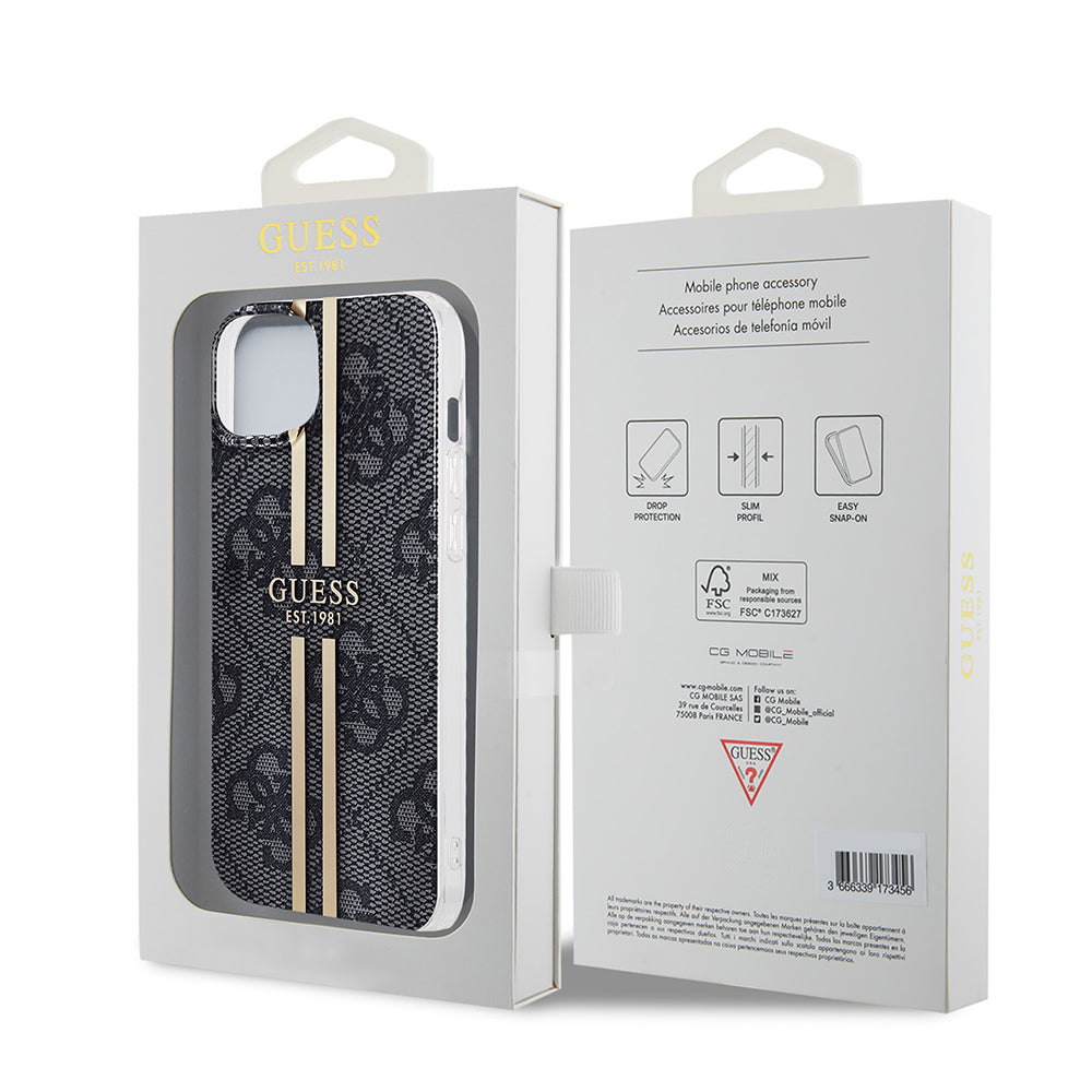 Case for Apple iPhone 15 Plus, Guess, IML 4G Gold Stripe, Black