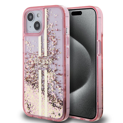 Pouzdro pro Apple iPhone 15 Plus, Guess, Liquid Glitter Gold Stripes, Růžové