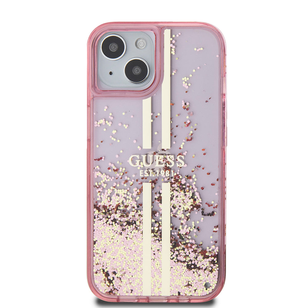 Pouzdro pro Apple iPhone 15 Plus, Guess, Liquid Glitter Gold Stripes, Růžové