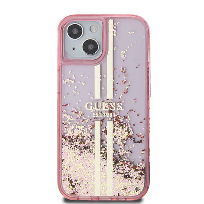 Pouzdro pro Apple iPhone 15 Plus, Guess, Liquid Glitter Gold Stripes, Růžové
