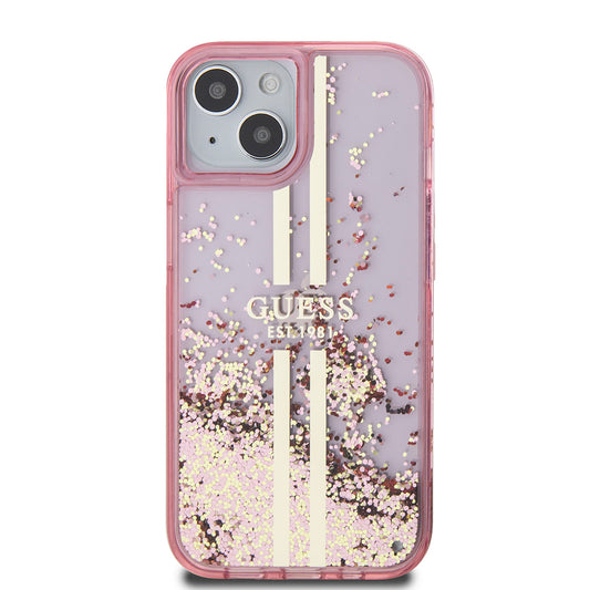 Case for Apple iPhone 15 Plus, Guess, Liquid Glitter Gold Stripes, Pink