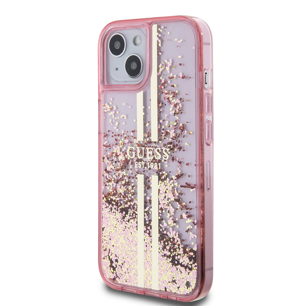 Pouzdro pro Apple iPhone 15 Plus, Guess, Liquid Glitter Gold Stripes, Růžové