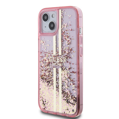 Pouzdro pro Apple iPhone 15 Plus, Guess, Liquid Glitter Gold Stripes, Růžové