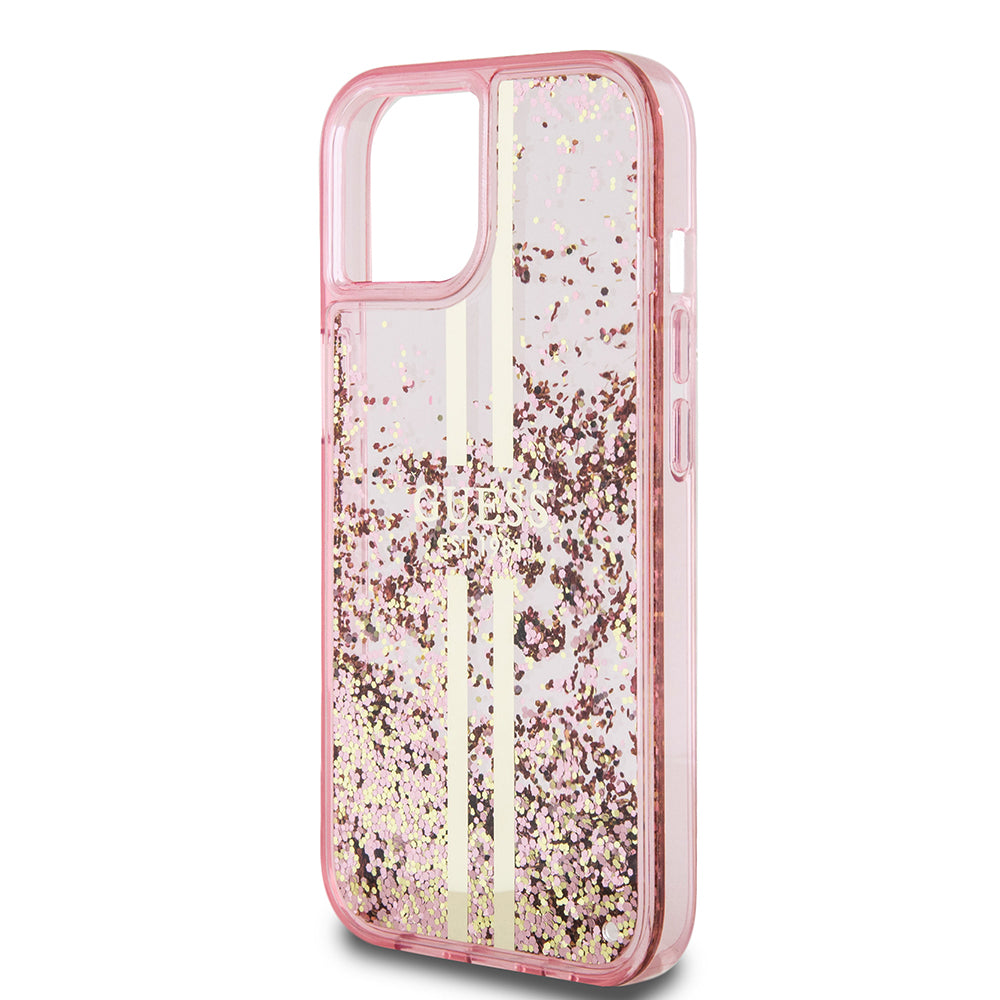 Pouzdro pro Apple iPhone 15 Plus, Guess, Liquid Glitter Gold Stripes, Růžové
