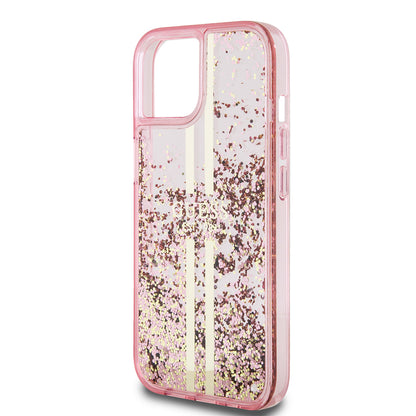 Pouzdro pro Apple iPhone 15 Plus, Guess, Liquid Glitter Gold Stripes, Růžové