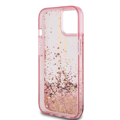 Pouzdro pro Apple iPhone 15 Plus, Guess, Liquid Glitter Gold Stripes, Růžové