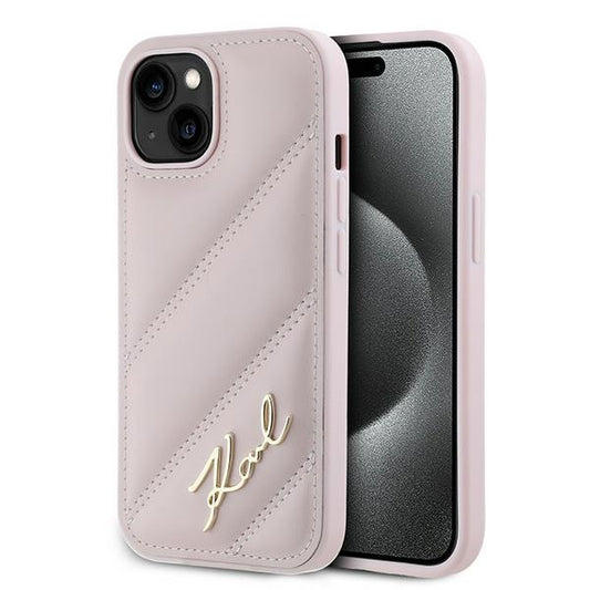 Pouzdro pro Apple iPhone 15 Plus, Karl Lagerfeld, Diagonal Quilted Script, Růžové