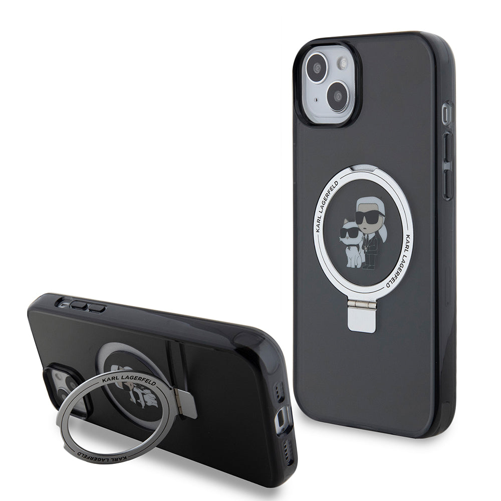 Pouzdro pro Apple iPhone 15 Plus, Karl Lagerfeld, Ringstand Karl & Choupette, Černá