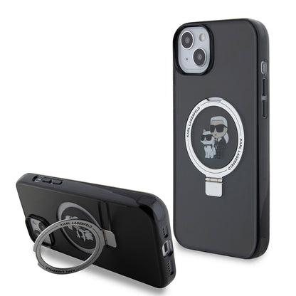 Pouzdro pro Apple iPhone 15 Plus, Karl Lagerfeld, Ringstand Karl & Choupette, Černá