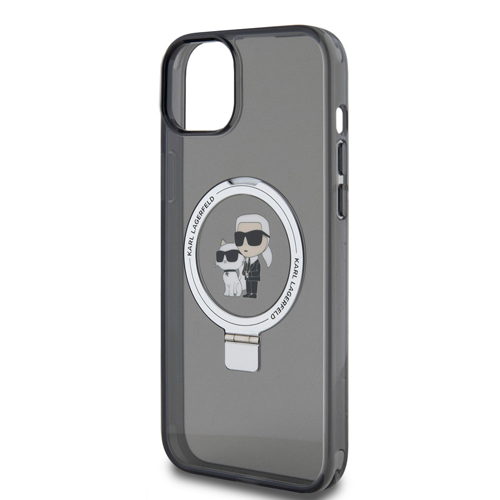 Pouzdro pro Apple iPhone 15 Plus, Karl Lagerfeld, Ringstand Karl & Choupette, Černá