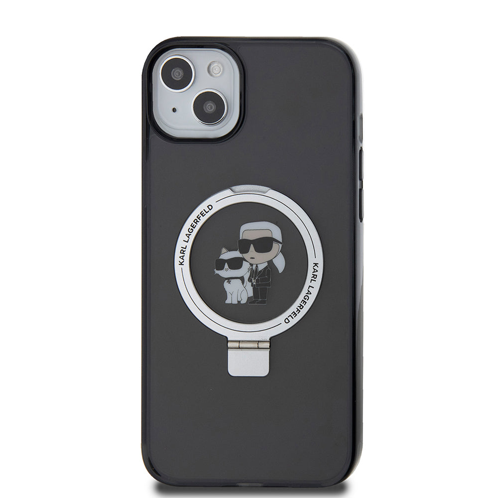 Pouzdro pro Apple iPhone 15 Plus, Karl Lagerfeld, Ringstand Karl & Choupette, Černá