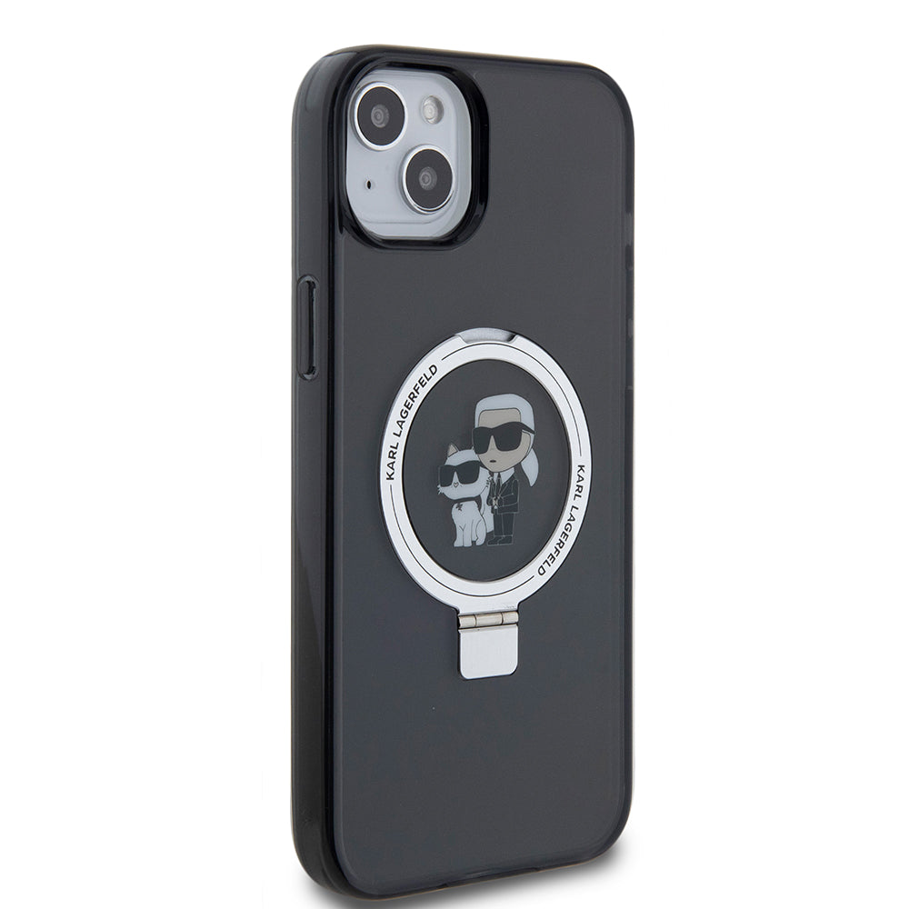 Pouzdro pro Apple iPhone 15 Plus, Karl Lagerfeld, Ringstand Karl & Choupette, Černá