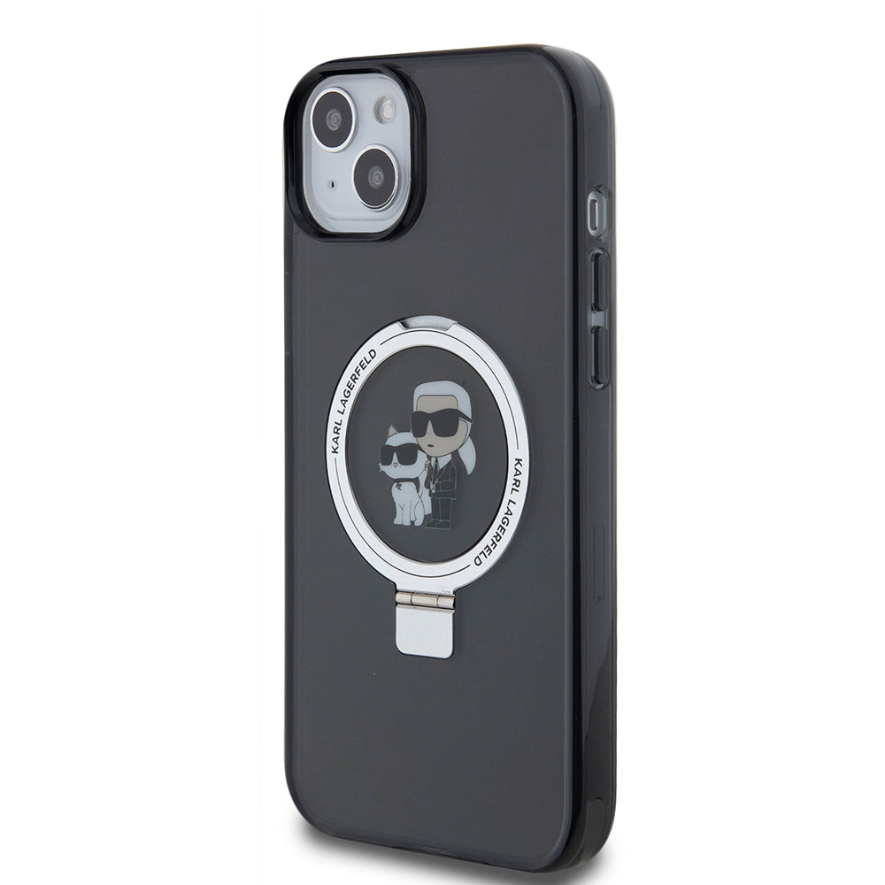 Pouzdro pro Apple iPhone 15 Plus, Karl Lagerfeld, Ringstand Karl & Choupette, Černá