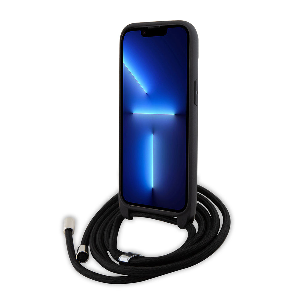 Pouzdro pro Apple iPhone 15 Plus, Karl Lagerfeld, Saffiano Crossbody Metal Pin Karl & Choupette, Černá