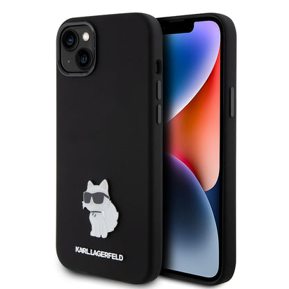 Pouzdro pro Apple iPhone 15 Plus, Karl Lagerfeld, Silicone Choupette Metal, Černá