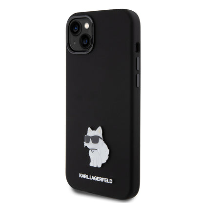 Pouzdro pro Apple iPhone 15 Plus, Karl Lagerfeld, Silicone Choupette Metal, Černá