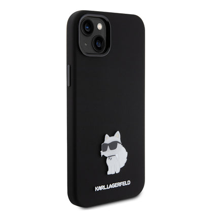 Pouzdro pro Apple iPhone 15 Plus, Karl Lagerfeld, Silicone Choupette Metal, Černá