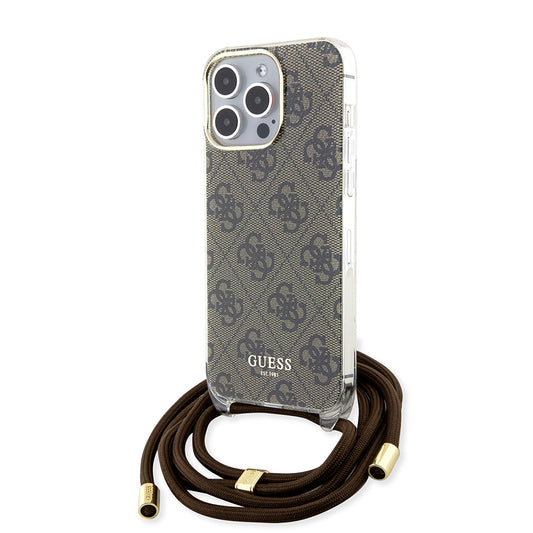 Pouzdro pro Apple iPhone 15 Pro, Guess, Crossbody Cord 4G Print, hnědá