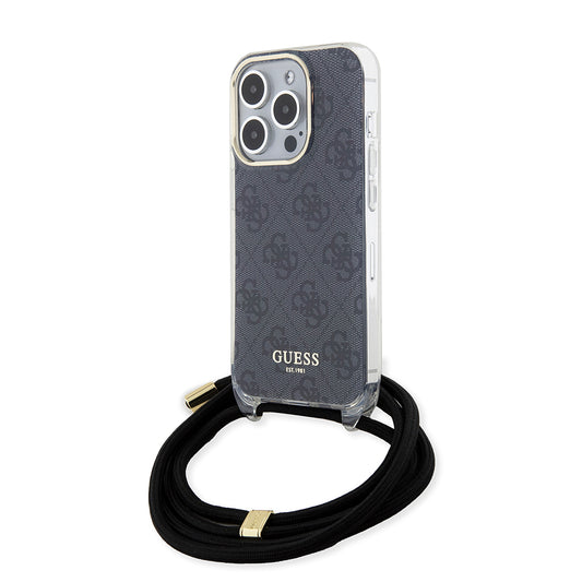 Pouzdro pro Apple iPhone 15 Pro, Guess, Crossbody Cord 4G Print, Černá