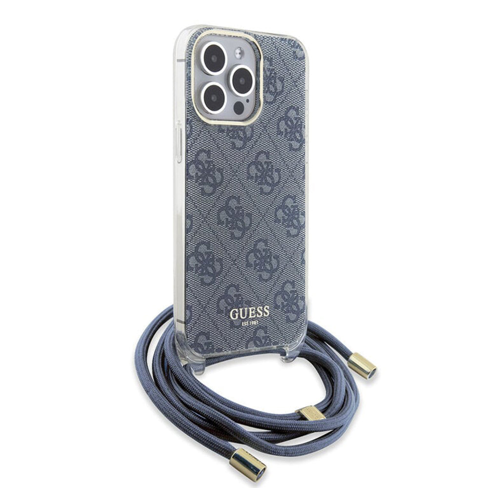 Pouzdro pro Apple iPhone 15 Pro, Guess, Crossbody Cord 4G Print, Modrá
