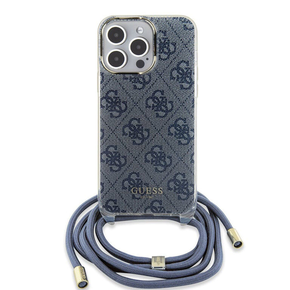 Pouzdro pro Apple iPhone 15 Pro, Guess, Crossbody Cord 4G Print, Modrá
