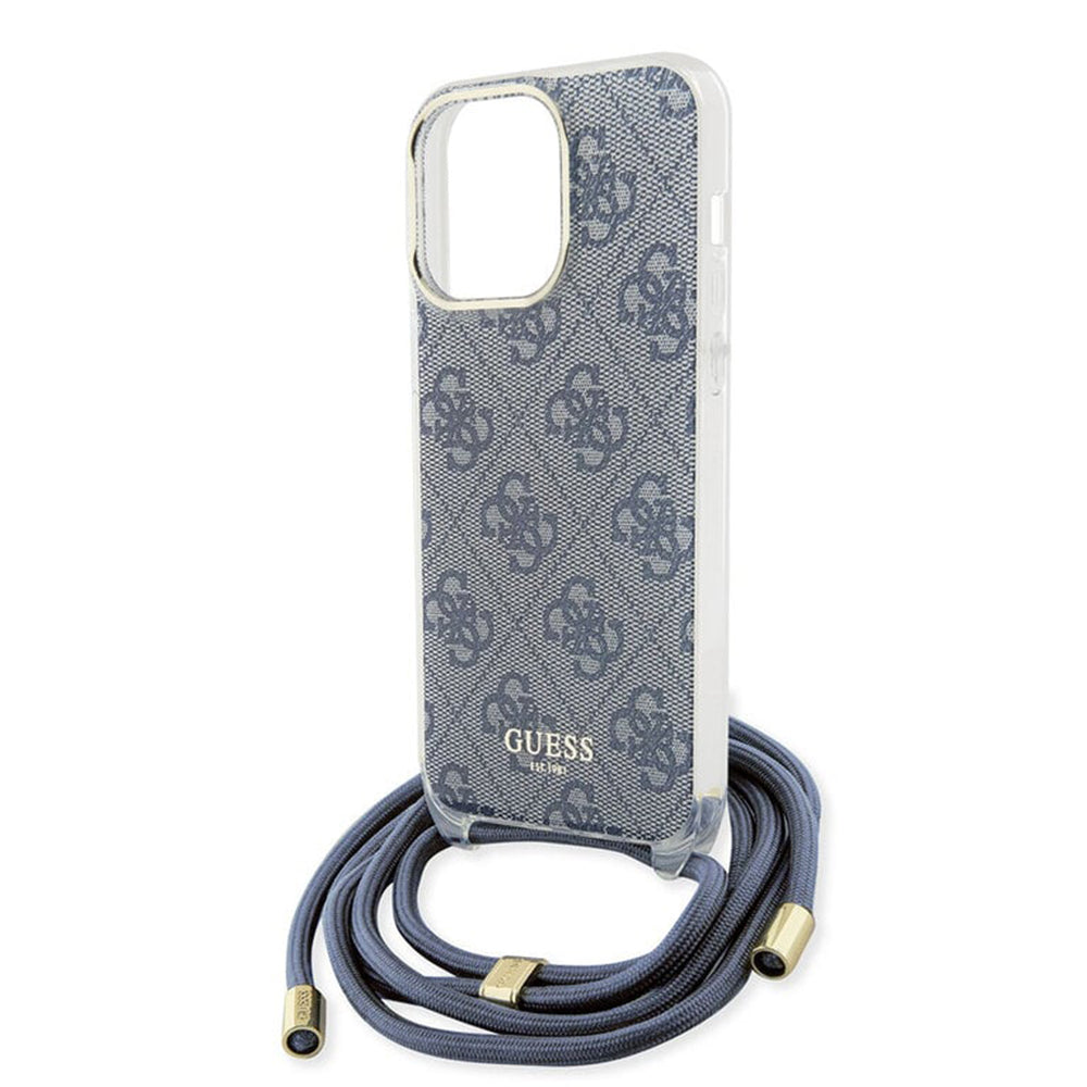 Pouzdro pro Apple iPhone 15 Pro, Guess, Crossbody Cord 4G Print, Modrá
