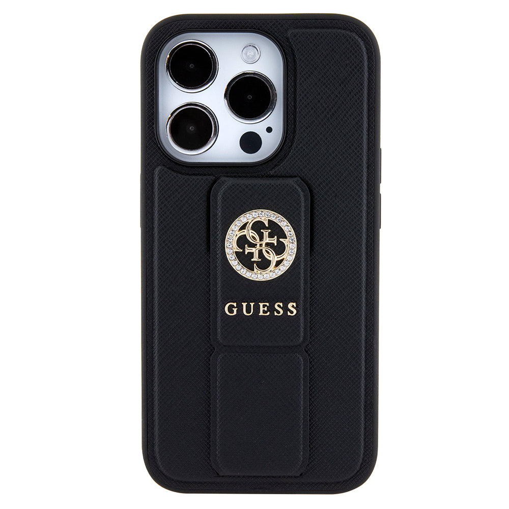Pouzdro pro Apple iPhone 15 Pro, Guess, Grip Stand 4G Saffiano Strass, Černá
