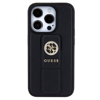 Pouzdro pro Apple iPhone 15 Pro, Guess, Grip Stand 4G Saffiano Strass, Černá