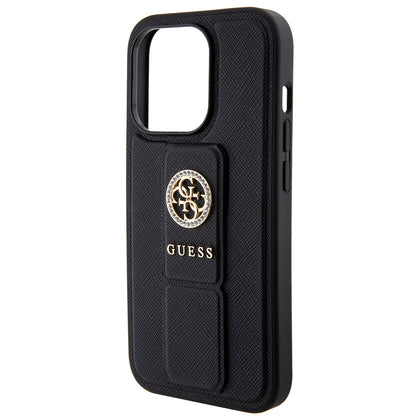 Pouzdro pro Apple iPhone 15 Pro, Guess, Grip Stand 4G Saffiano Strass, Černá