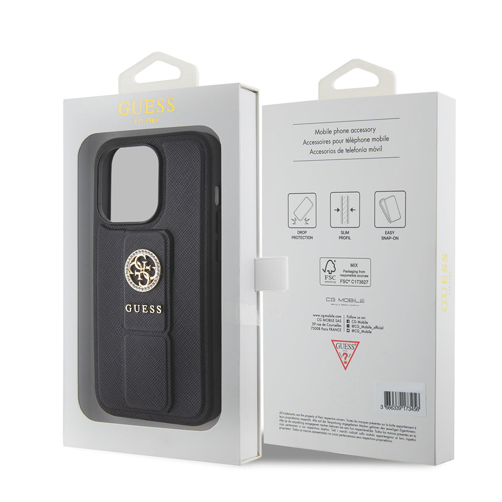 Pouzdro pro Apple iPhone 15 Pro, Guess, Grip Stand 4G Saffiano Strass, Černá