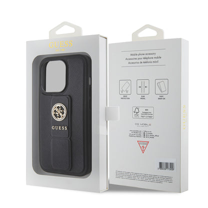 Pouzdro pro Apple iPhone 15 Pro, Guess, Grip Stand 4G Saffiano Strass, Černá