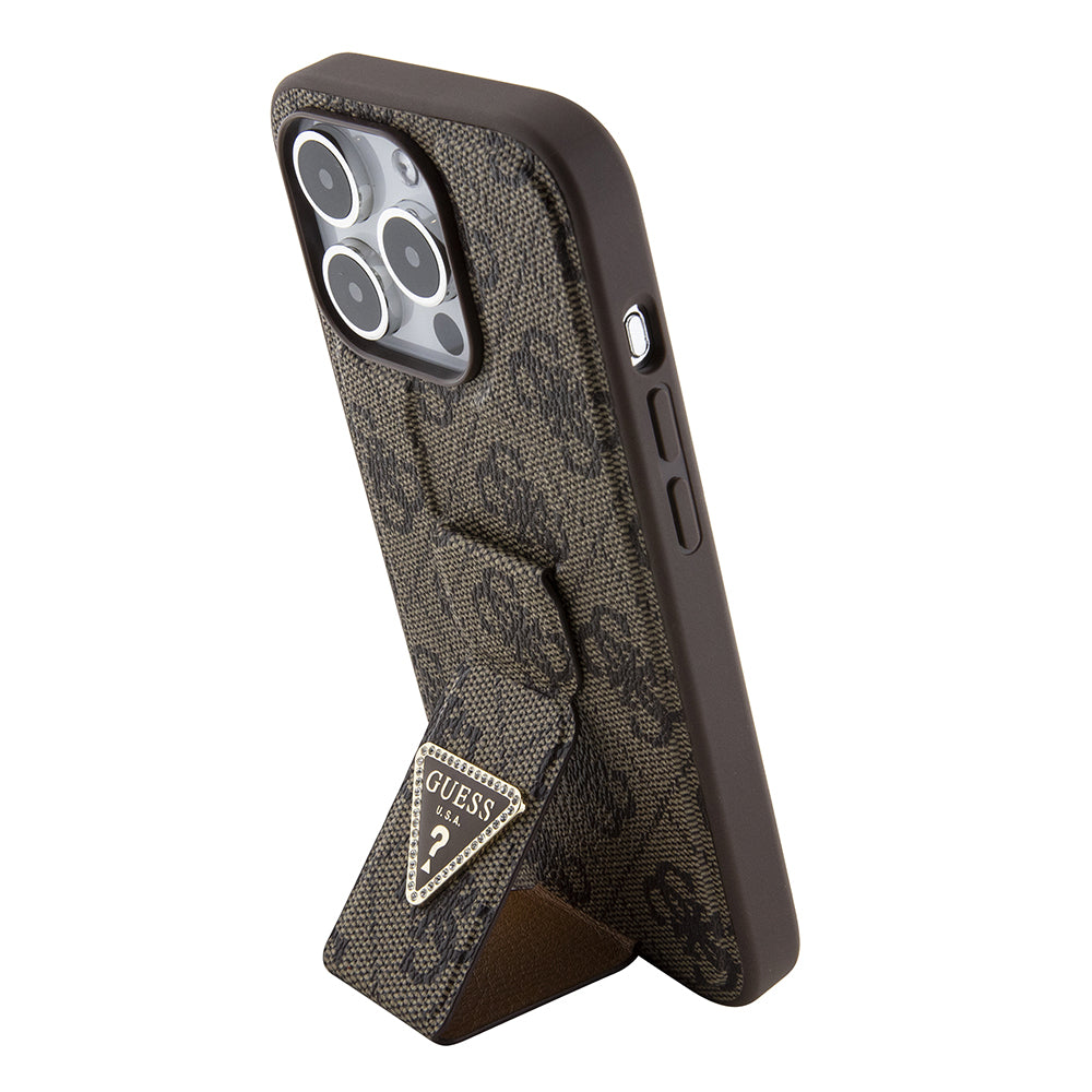 Pouzdro pro Apple iPhone 15 Pro, Guess, Grip Stand 4G Triangle Strass, Hnědá