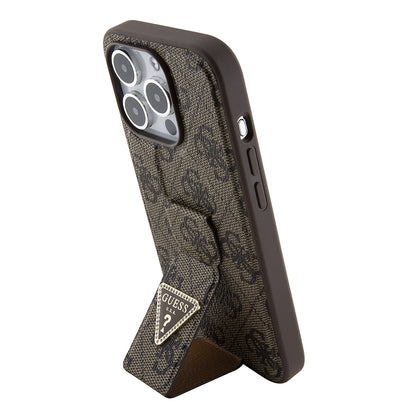 Pouzdro pro Apple iPhone 15 Pro, Guess, Grip Stand 4G Triangle Strass, Hnědá