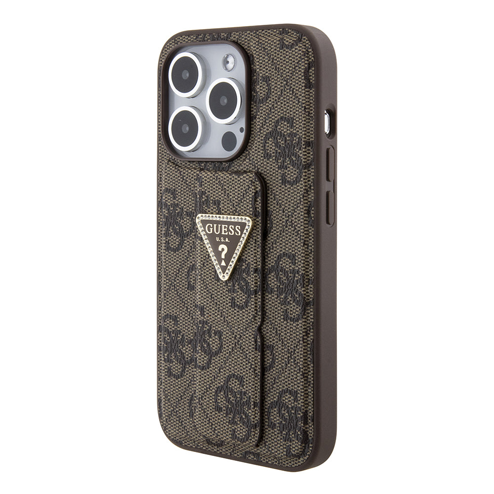 Pouzdro pro Apple iPhone 15 Pro, Guess, Grip Stand 4G Triangle Strass, Hnědá