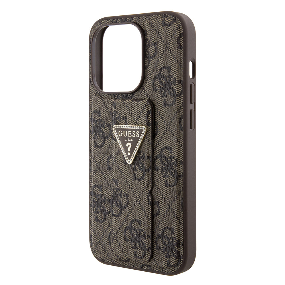 Pouzdro pro Apple iPhone 15 Pro, Guess, Grip Stand 4G Triangle Strass, Hnědá