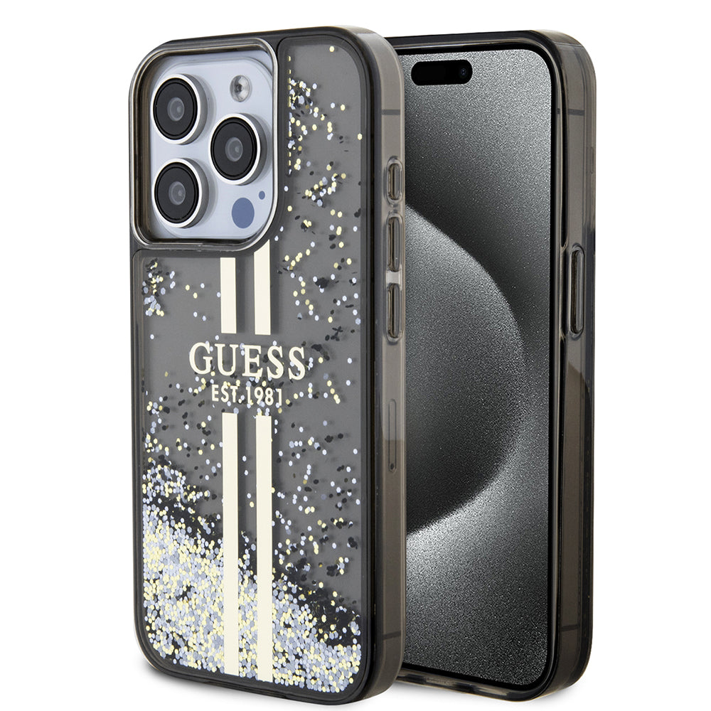 Pouzdro pro Apple iPhone 15 Pro, Guess, Liquid Glitter Gold Stripe, Černá