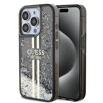 Pouzdro pro Apple iPhone 15 Pro, Guess, Liquid Glitter Gold Stripe, Černá