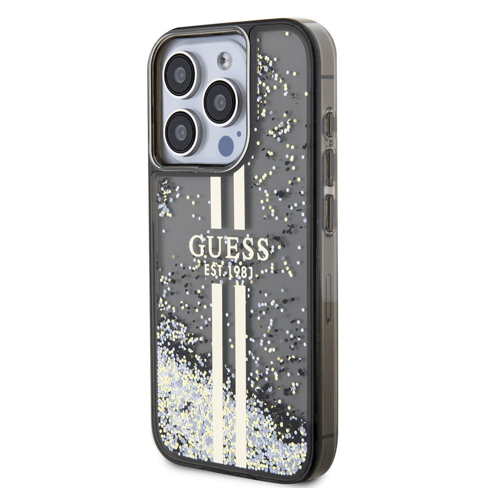 Pouzdro pro Apple iPhone 15 Pro, Guess, Liquid Glitter Gold Stripe, Černá