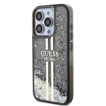 Pouzdro pro Apple iPhone 15 Pro, Guess, Liquid Glitter Gold Stripe, Černá