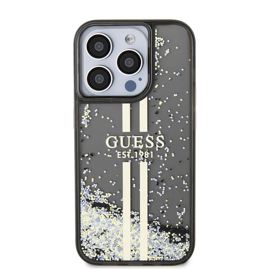 Pouzdro pro Apple iPhone 15 Pro, Guess, Liquid Glitter Gold Stripe, Černá
