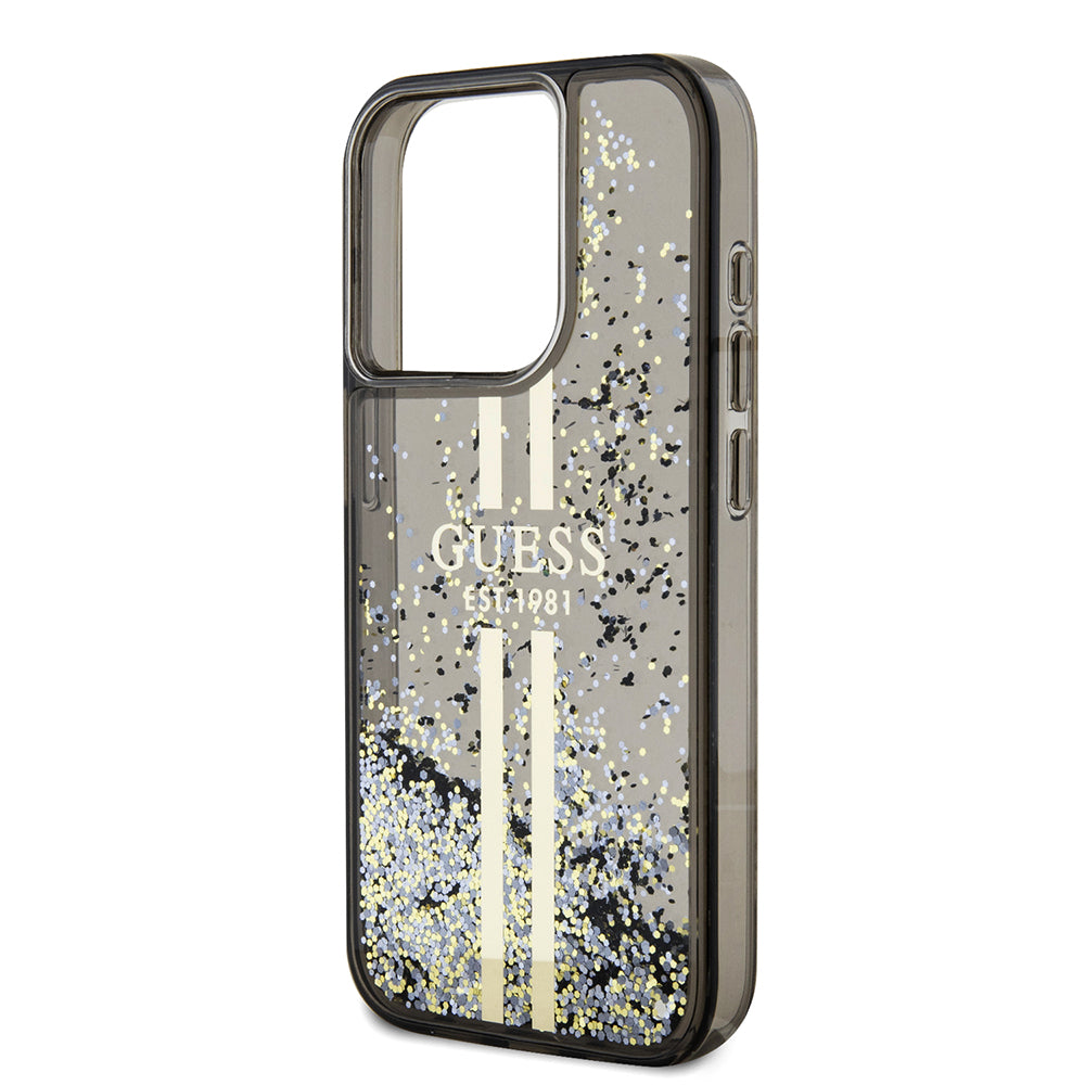 Pouzdro pro Apple iPhone 15 Pro, Guess, Liquid Glitter Gold Stripe, Černá