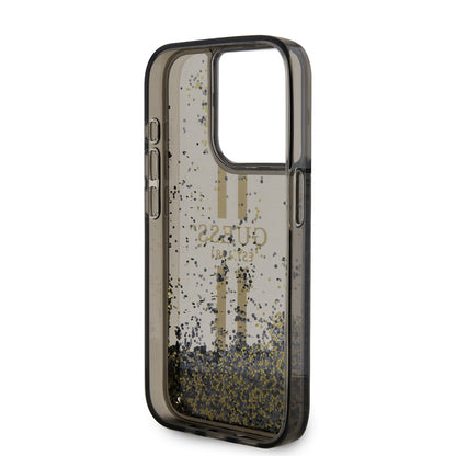 Pouzdro pro Apple iPhone 15 Pro, Guess, Liquid Glitter Gold Stripe, Černá