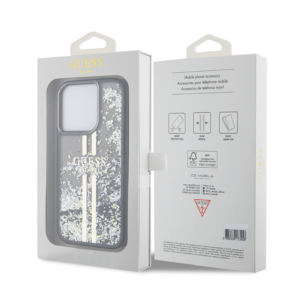 Pouzdro pro Apple iPhone 15 Pro, Guess, Liquid Glitter Gold Stripe, Černá