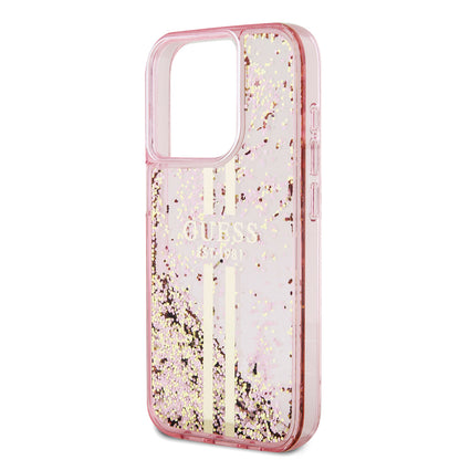 Pouzdro pro Apple iPhone 15 Pro, Guess, Liquid Glitter Gold Stripes, Růžové